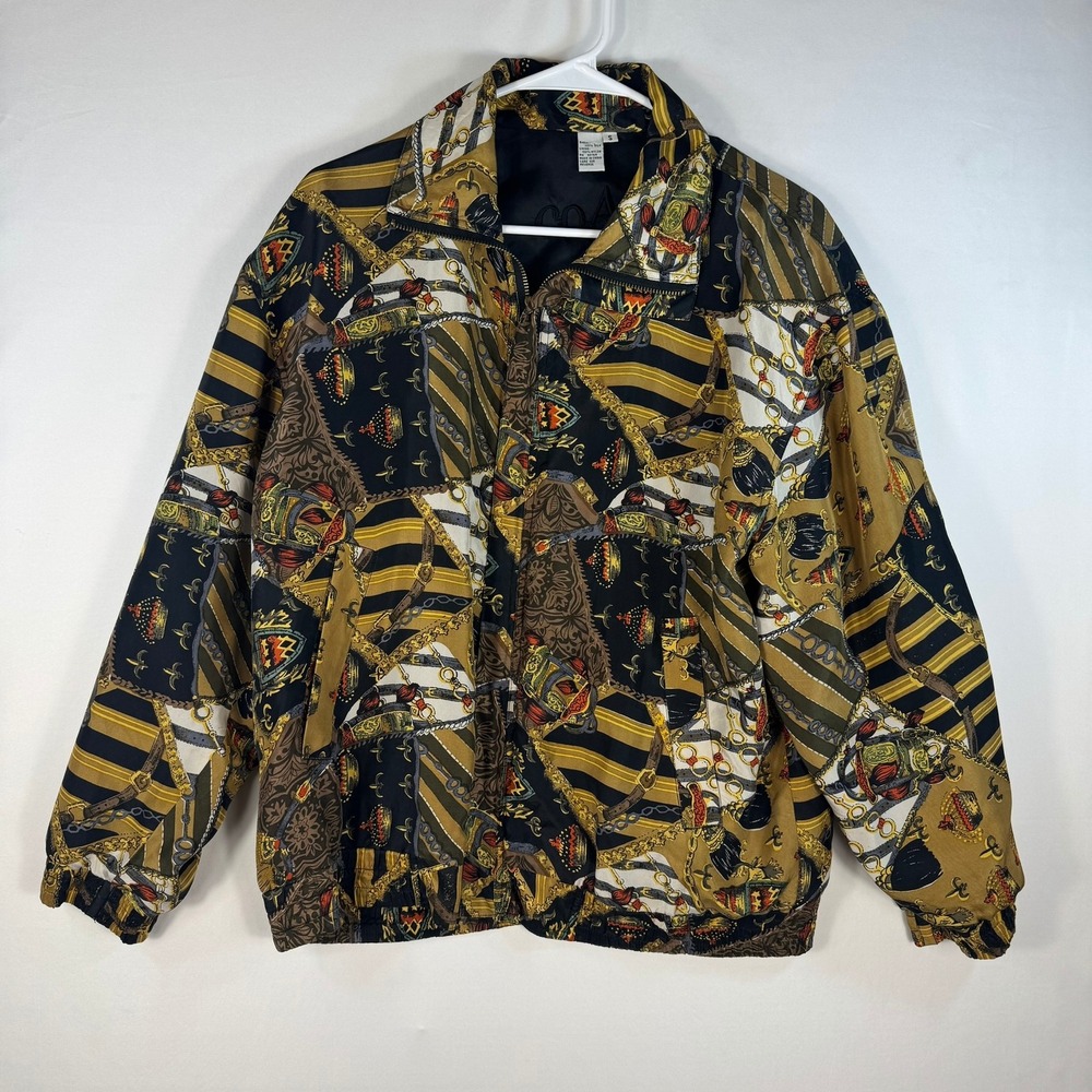 COAco Vintage 100% Silk Bomber Jacket Baroque Chain Print Gold Black Womens S